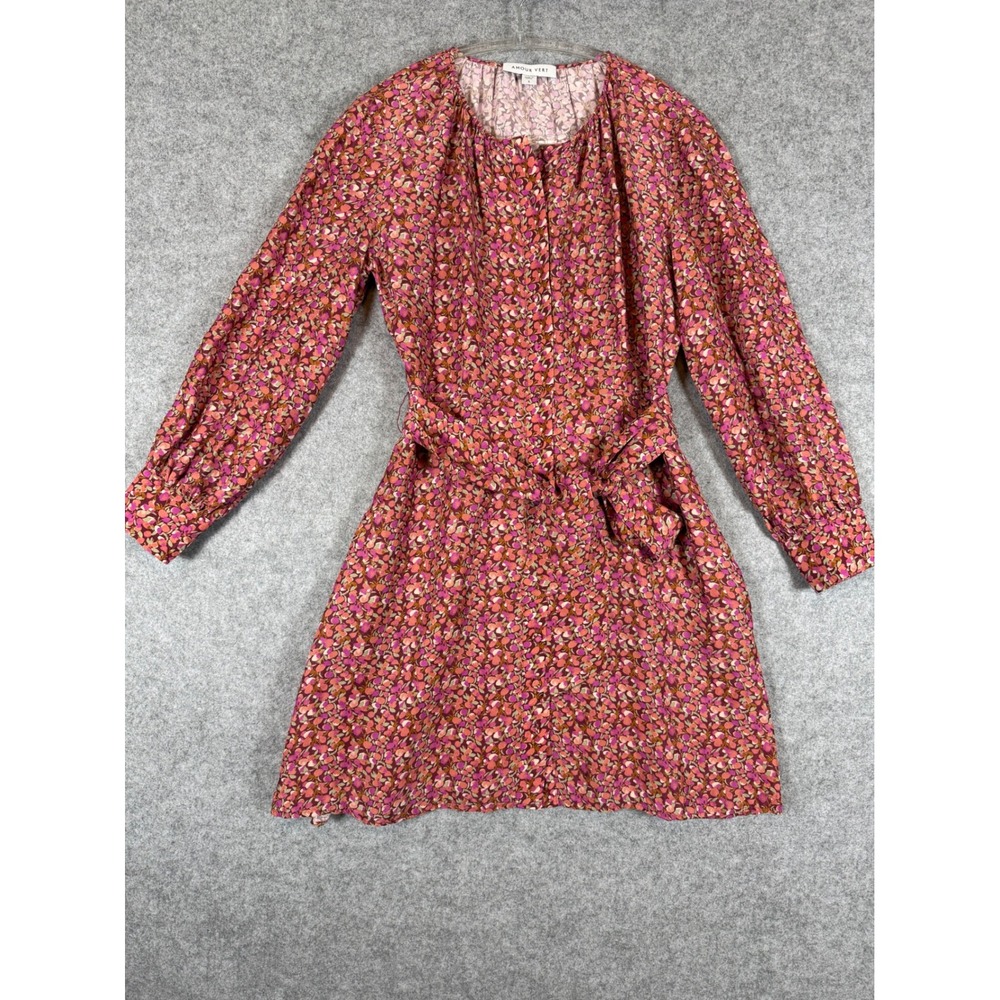 Amour Vert Floral Button Front Mini Dress Womens S Pink Excellent Tie Waist